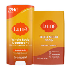 Desodorante corporal Lume en barra suave con coco tostado para controlar el olor diario.