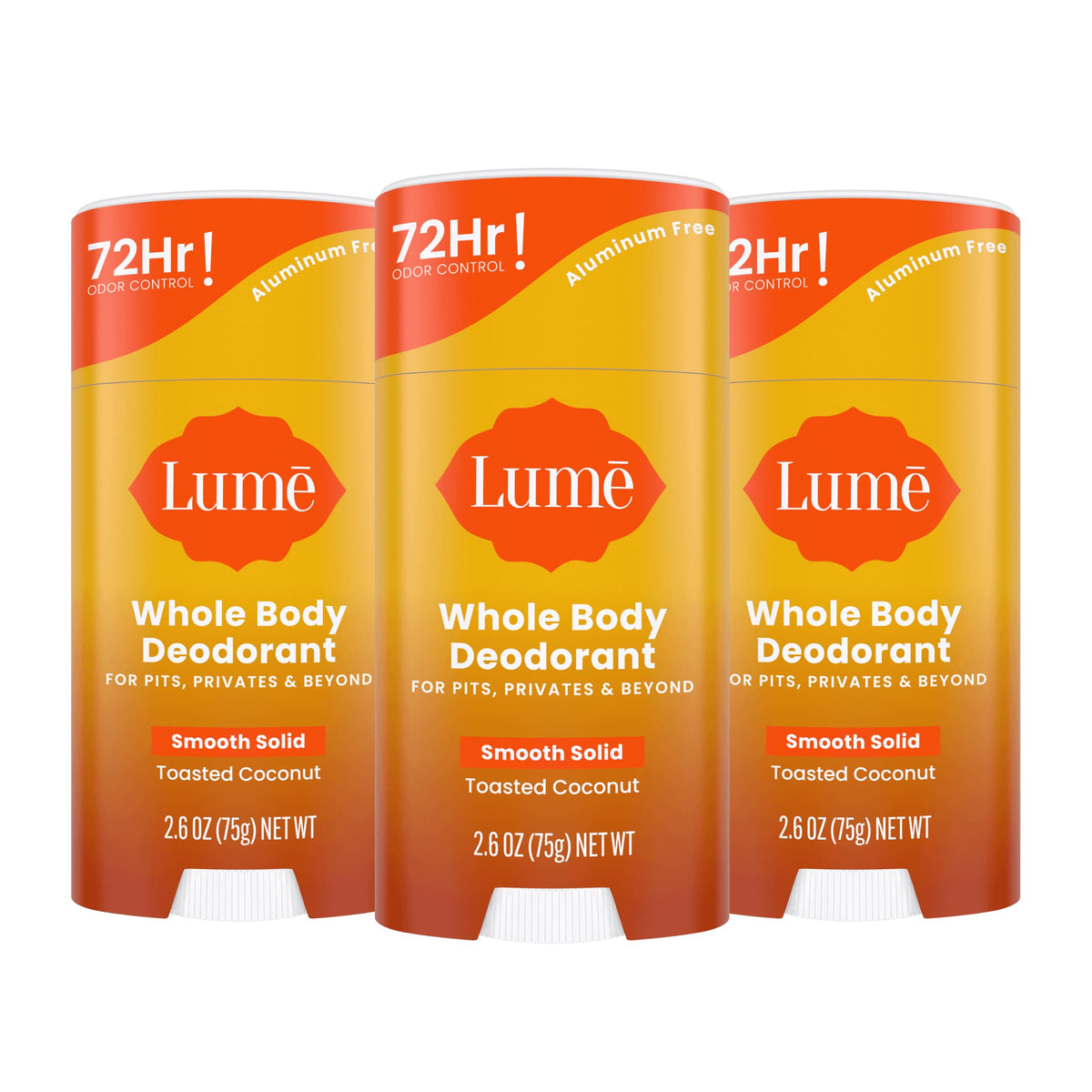 Lume desodorante corporal sólido en empaque con aroma coco tostado y control de olor