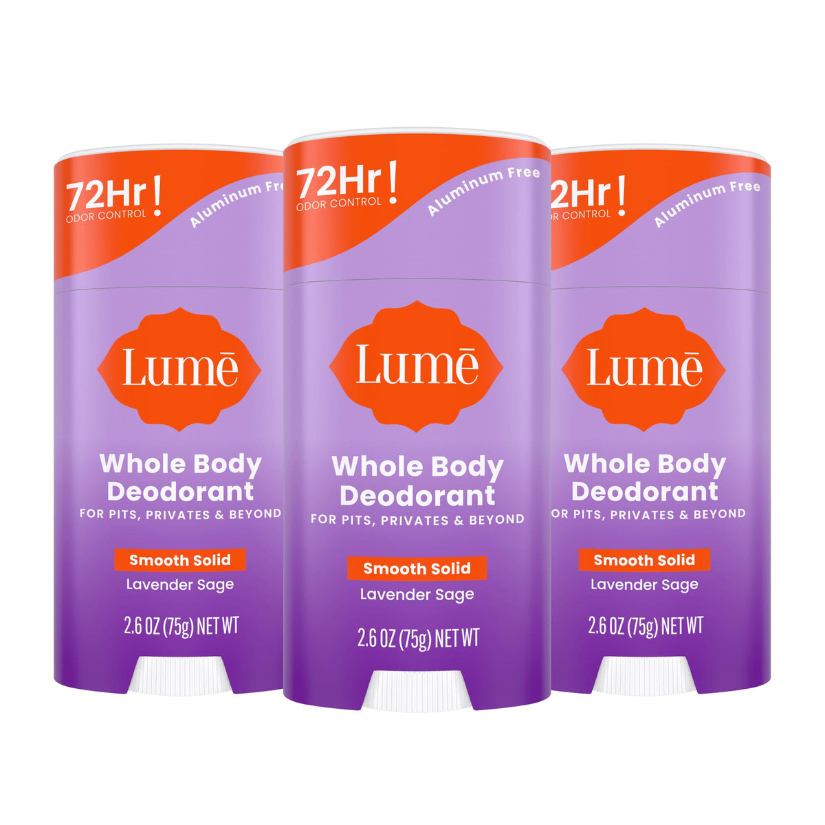 Lume desodorante corporal envase triple, conveniencia para uso diario y control del olor.