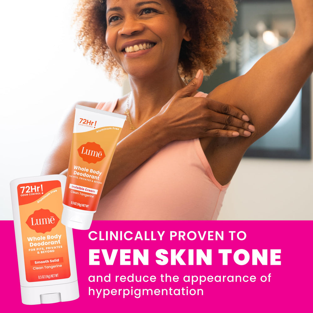 Lume hypoallergenic, baking soda-free label emphasizes skin-friendly care.