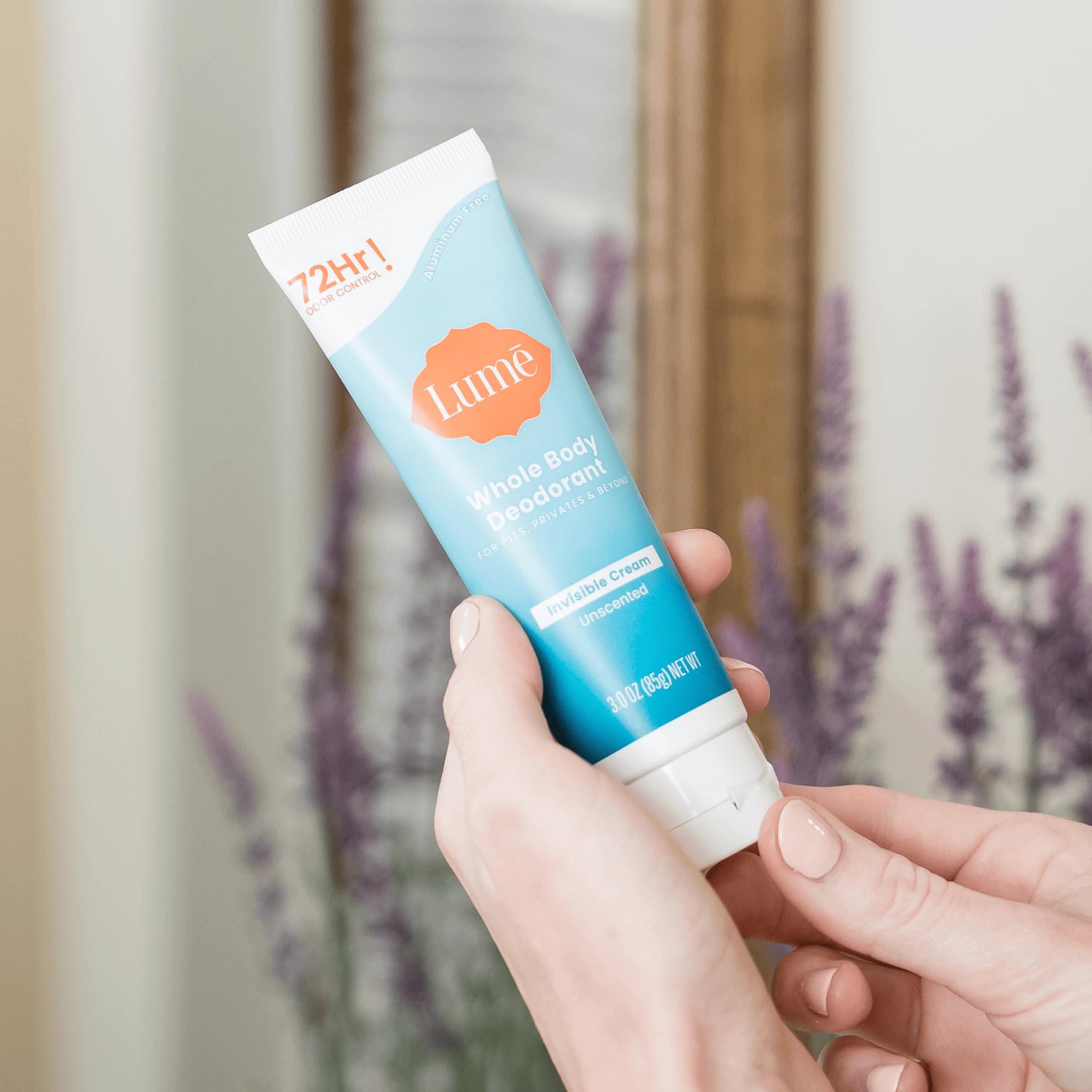 Lume skin-safe hypoallergenic formula close-up on the tube.