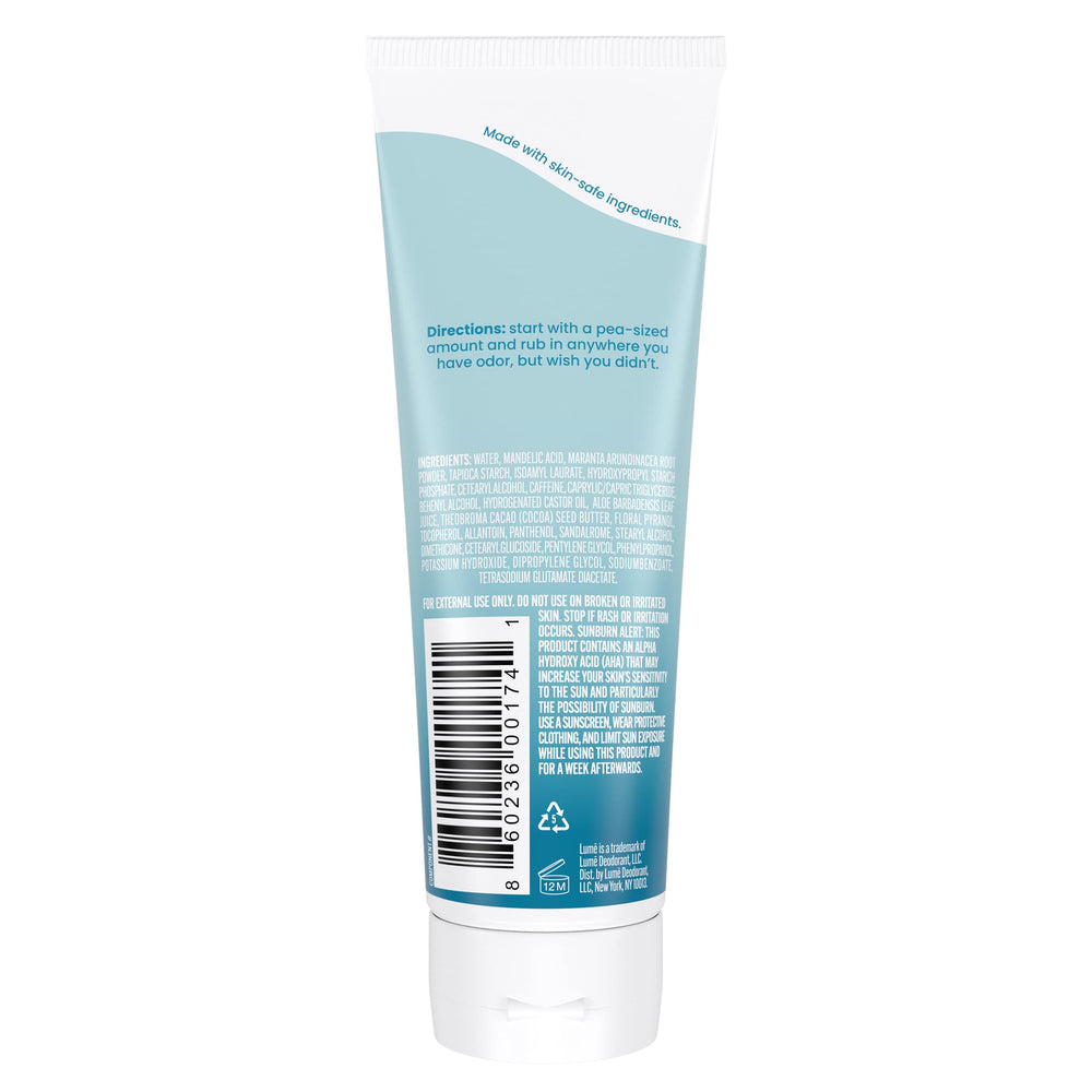 Lume unscented invisible cream tube close-up, smooth texture suitable for sensitive skin.