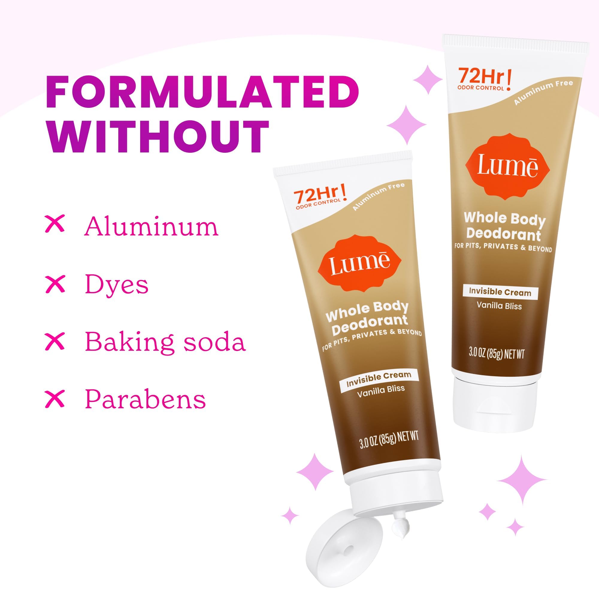 Lume baking soda-free formula highlighted as skin-friendly.