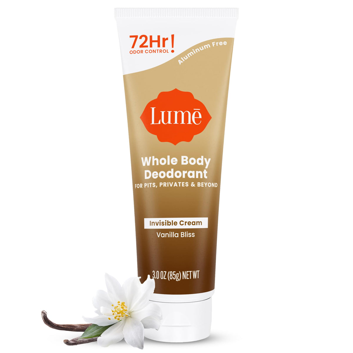 Lume invisible cream tube in Vanilla Bliss provides all-day odor control for the whole body.