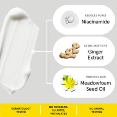 Niacinamide et extraits botaniques pour lisser le teint.