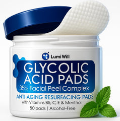 LUMI WILL almohadillas glicólico 35% empaque; exfoliación suave para tono uniforme.