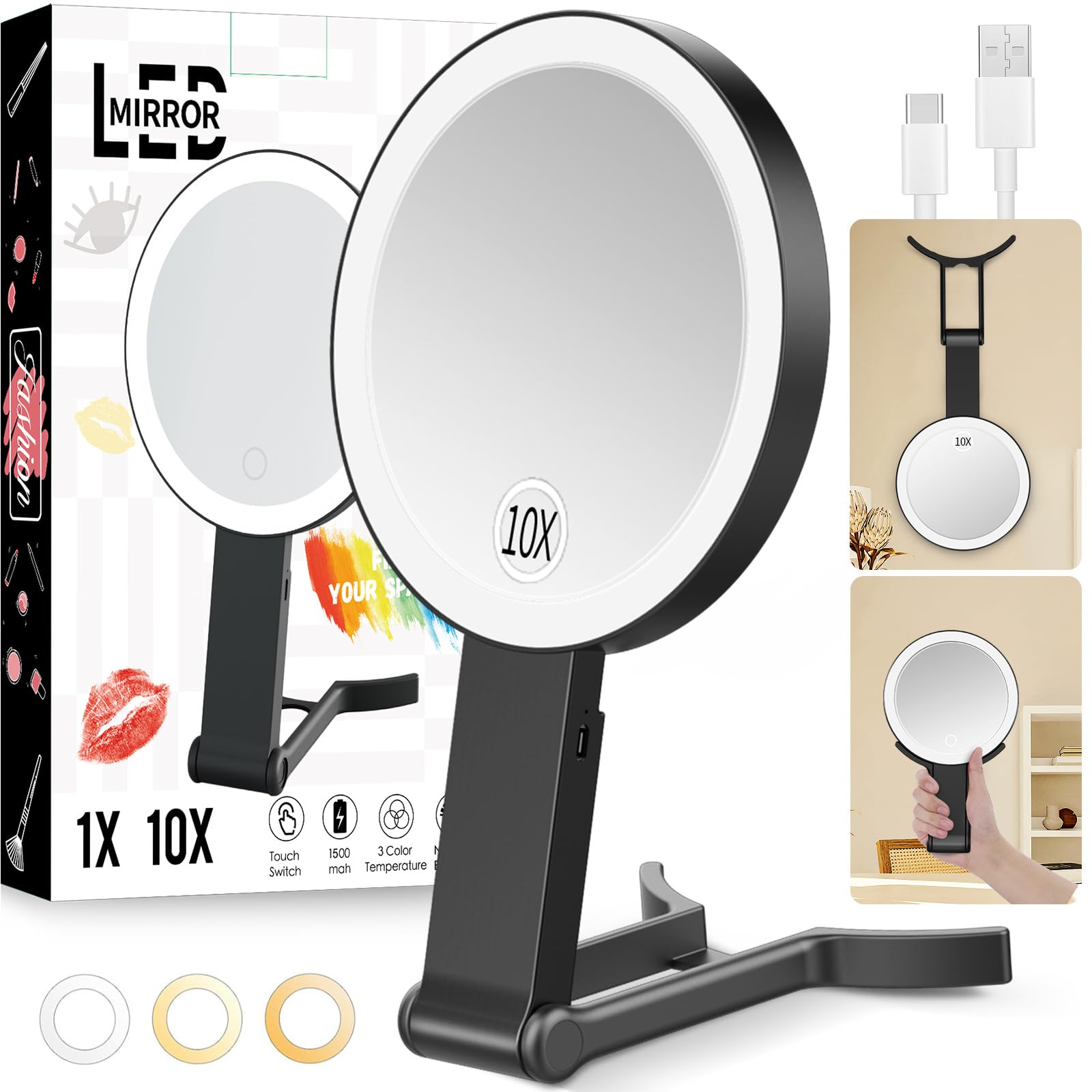 Lupow Espejo de Viaje con Lámparas: tres modos de color para maquillaje preciso
