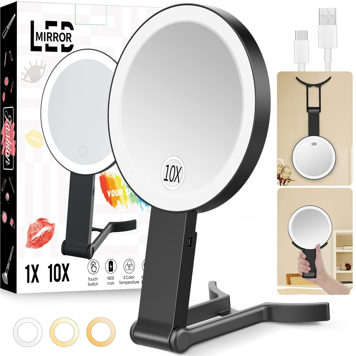 Lupow Espejo de Viaje con Lámparas: tres modos de color para maquillaje preciso