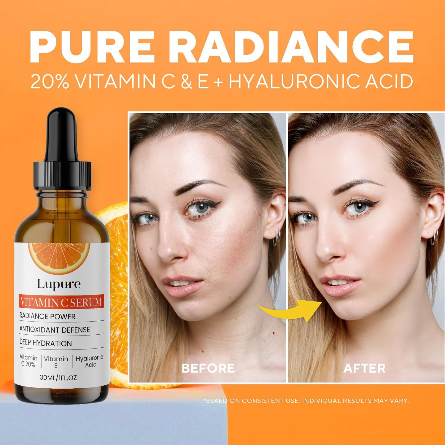 Lupure Vitamin C Serum 20% label closeup highlights ingredients for skin care