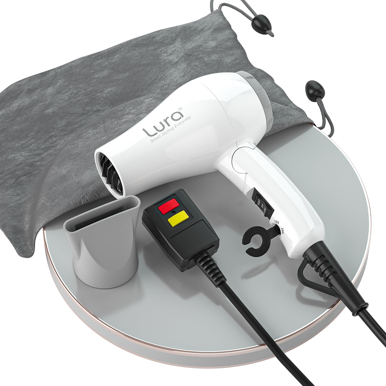 Secador de viaje plegable LURA visto de frente, ideal para viajes compactos.