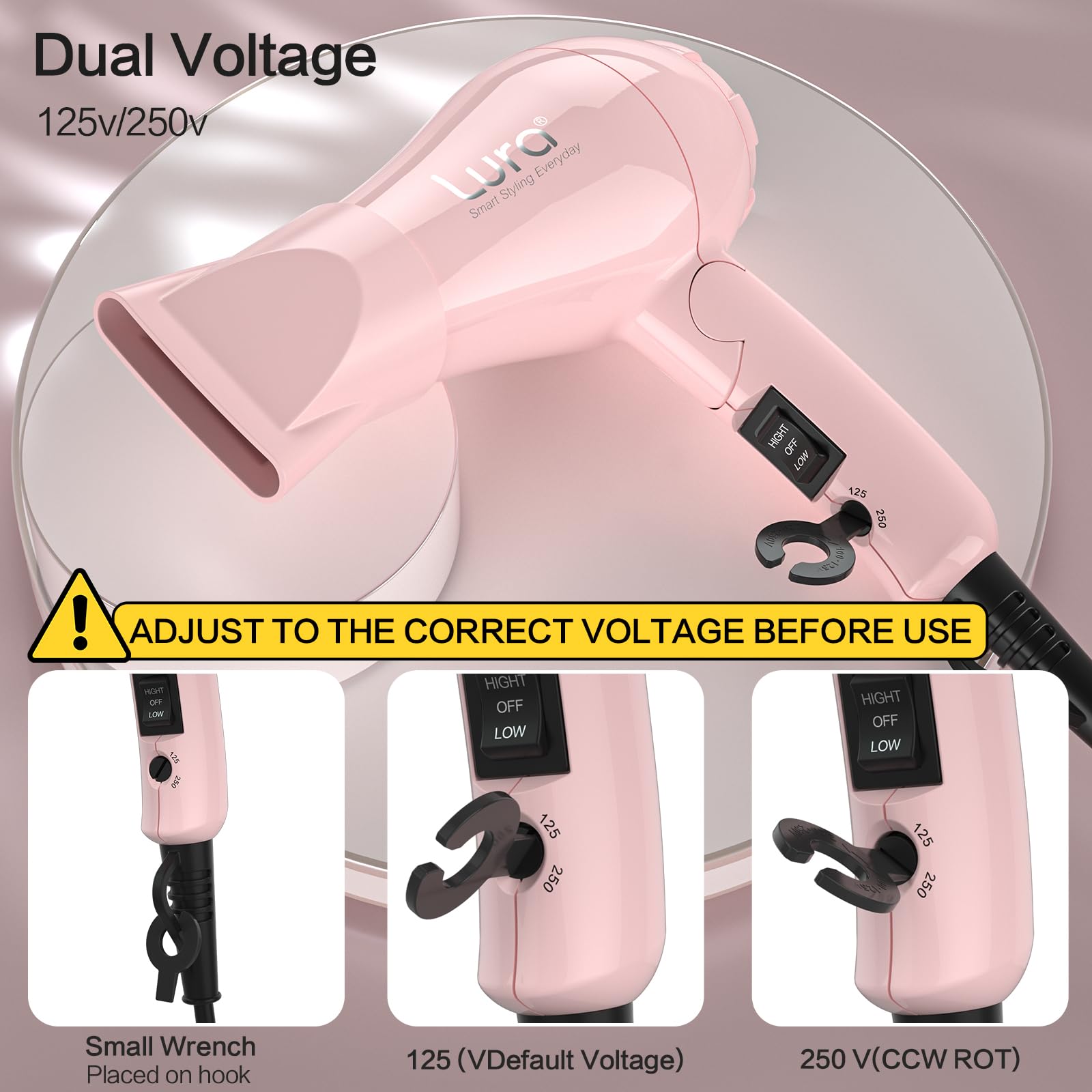 Vista lateral del secador LURA en rosa, diseño plegable y ligero para viajes.