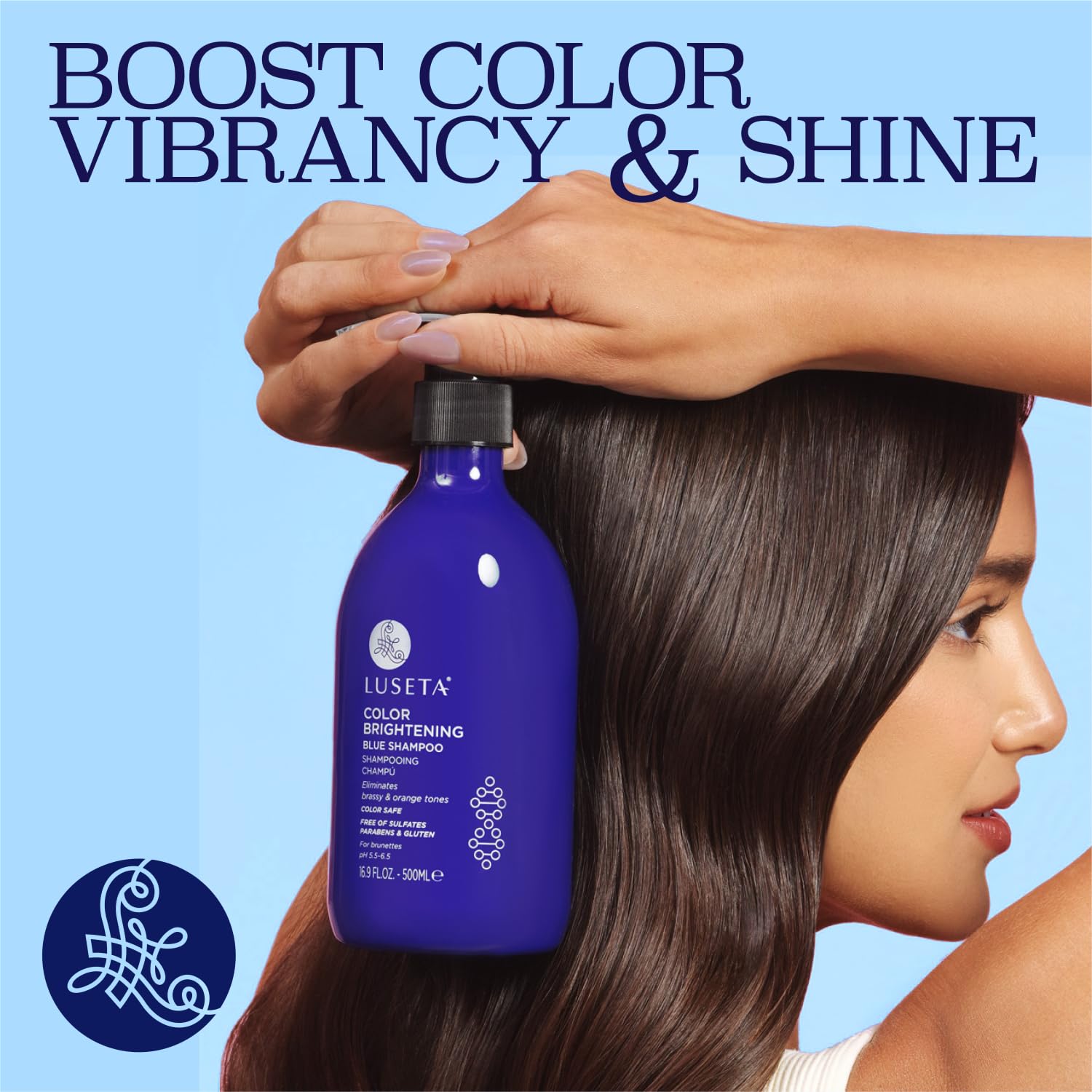 Luseta Azul fórmula sin sulfatos y parabenos cuida el cabello suavemente.