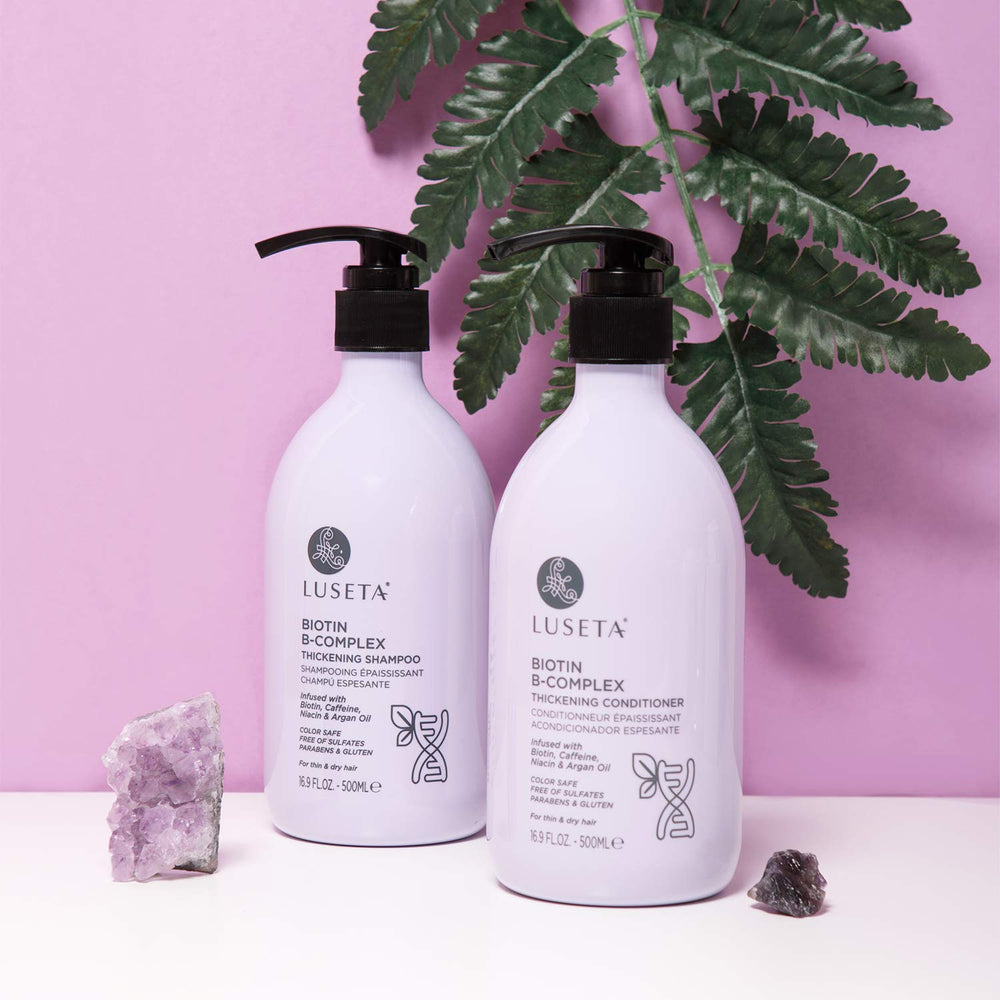 Luseta Biotin B-Complex Champú: etiqueta clara y atractiva para cuidado capilar