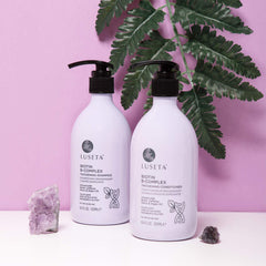 Luseta Biotin B-Complex Champú: etiqueta clara y atractiva para cuidado capilar
