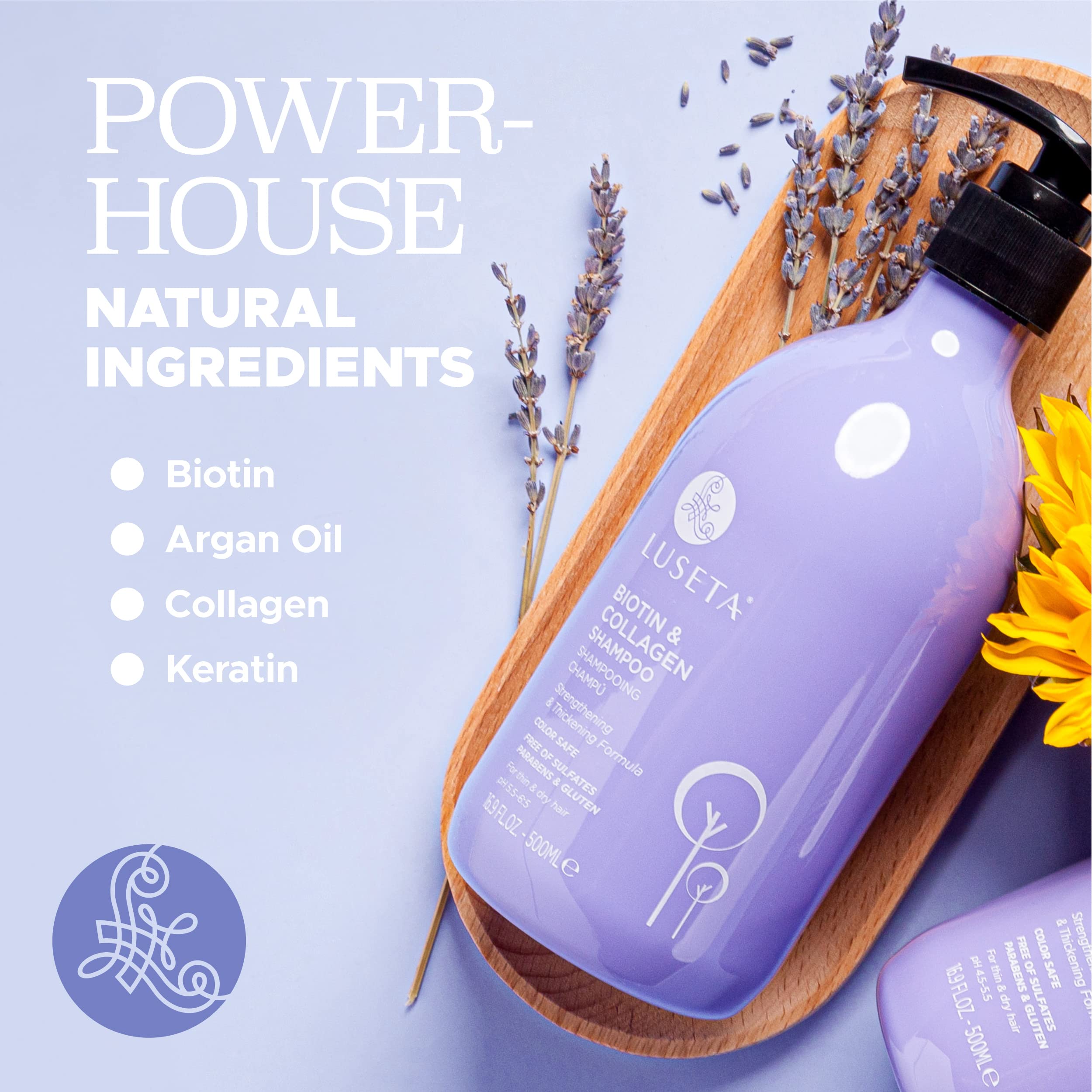 Luseta shampoo con biotina y argán, ingredientes clave para cabello nutrido.