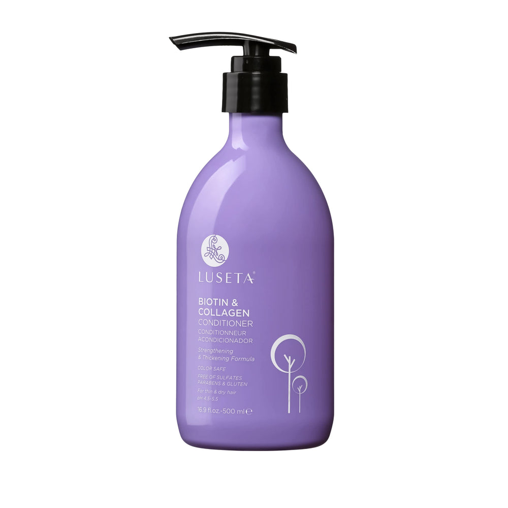 Luseta Biotina y Colágeno Acondicionador: botella y textura cremosa para cabello saludable