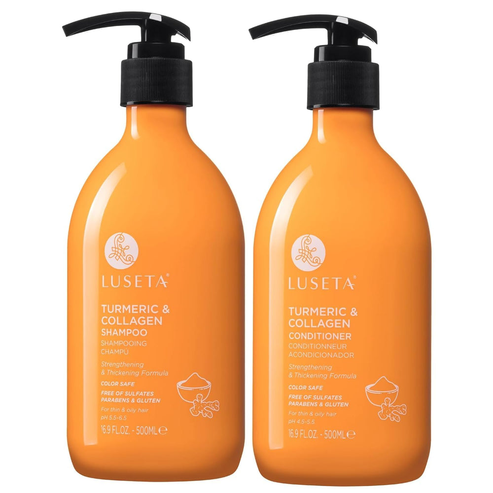 Luseta Champú Curcuma Colágeno, botella visible, limpieza suave y fortalecimiento para cabello fino.