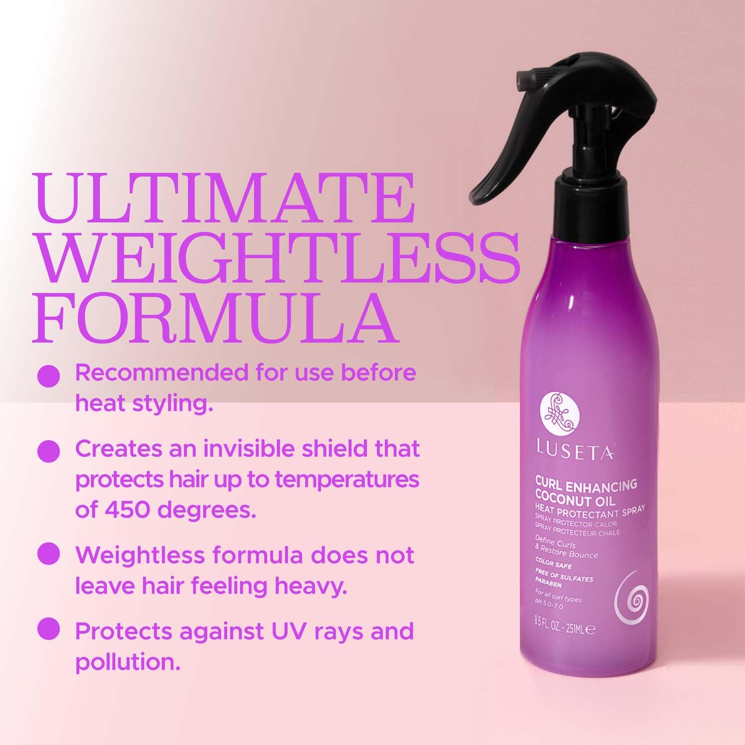 Luseta frizz-control mist close-up for sleek, smooth hair.