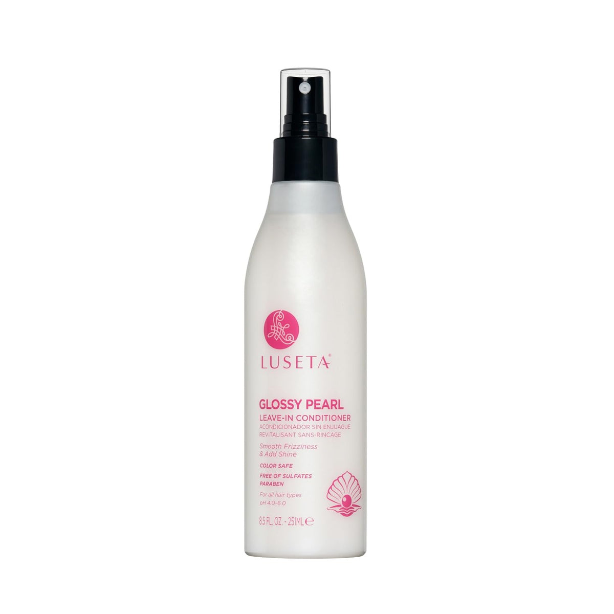 Luseta Perla Brillante sin enjuague, envase visible, aporta hidratación profunda al cabello.