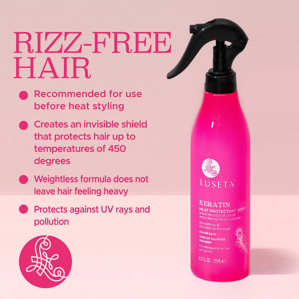 Front view of Luseta Keratin Heat Protectant bottle on a clean surface.