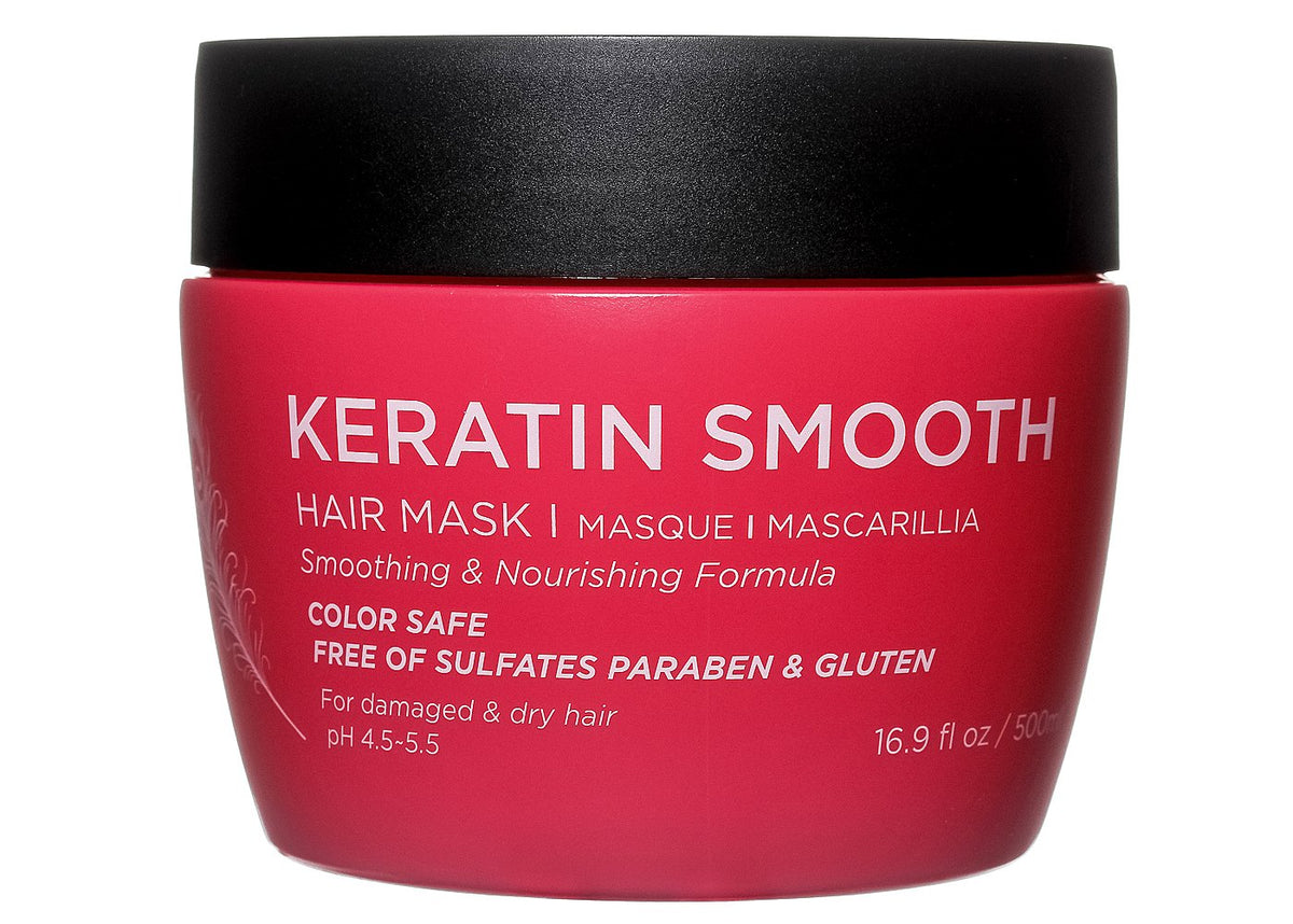 Luseta Keratin Smooth Mascarilla, foco en envase, hidratación para cabello dañado