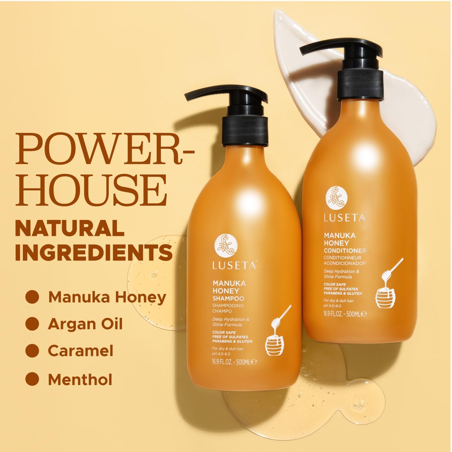 Champú Luseta Manuka Honey con textura espumosa para una limpieza suave.
