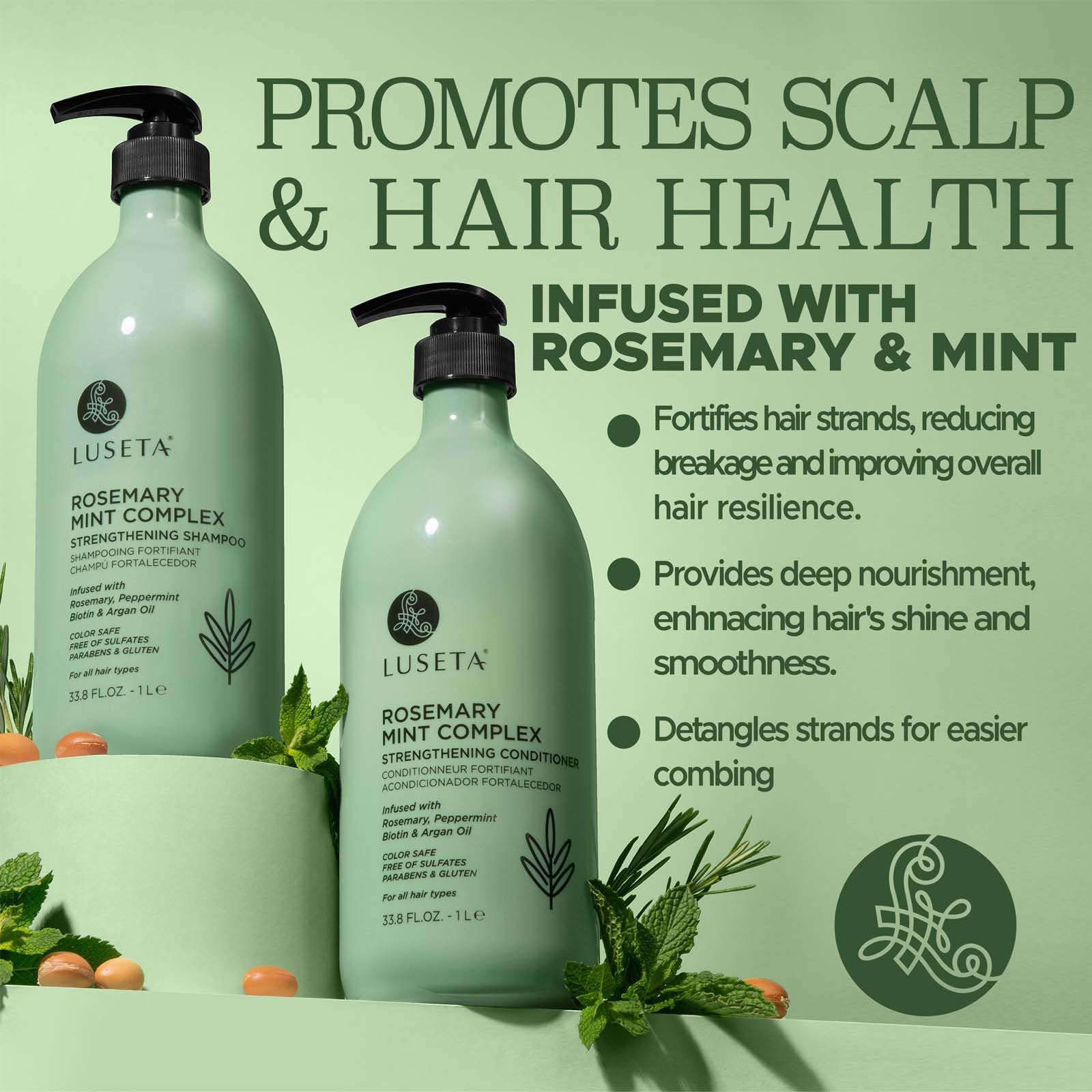 L LUSETA Rosemary Mint acondicionador botella, enfoque en envase, suaviza y fortalece el cabello.
