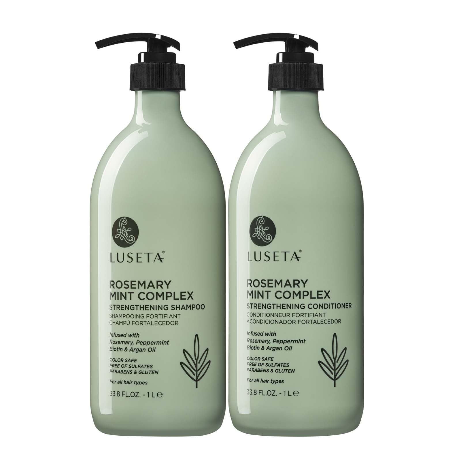 L LUSETA Rosemary Mint champú botella, enfoque en envase, aporta brillo y suavidad al cabello.