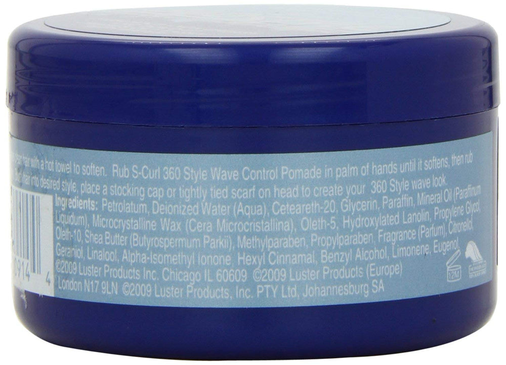 Luster's S-Curl 360 Wave Control Pomade, bote, ideal para retoques de ondas y estilo diario.
