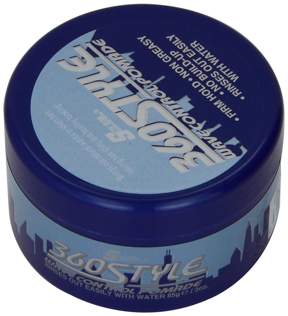 Luster's S-Curl 360 Wave Control Pomade, tapa brillante, ofrece control suave para peinados con ondas.