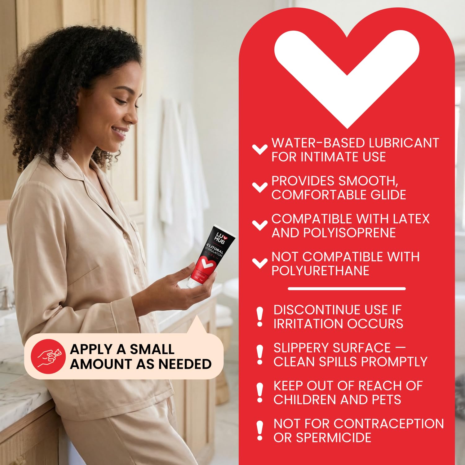 Aplicación de una pequeña gota de Luv Hub para confort sensorial sin residuo.