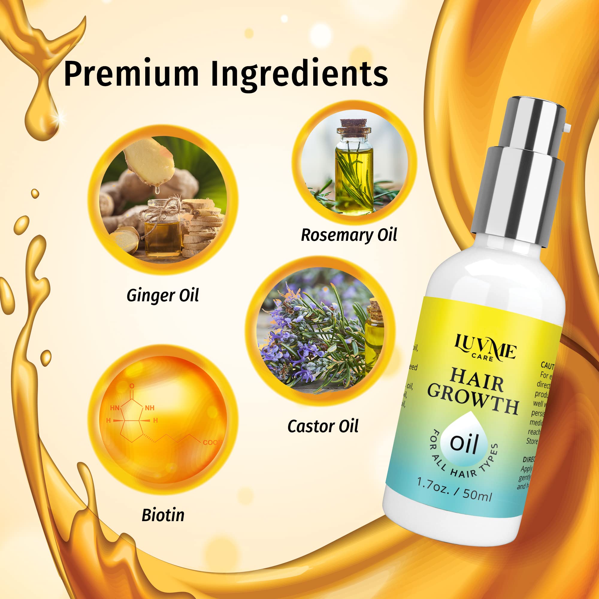 Luv Me Care Biotin Hair Growth Oil ingredients label highlights castor, rosemary, and biotin
