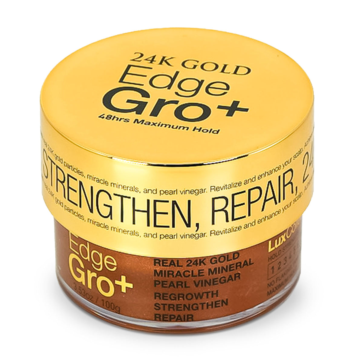 Lux Collection Edge Gro+ 24K Oro, aplicación suave para bordes definidos, sin residuos.