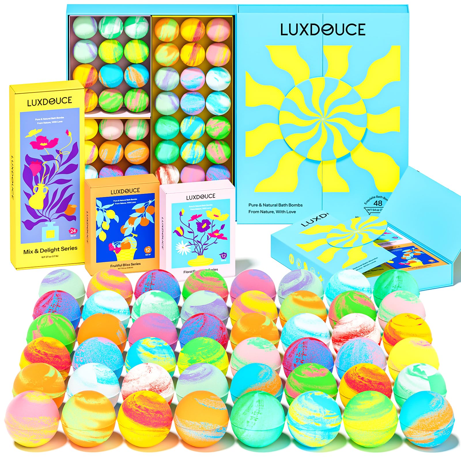 luxdouce-bombas-bano-48-pack-presentacion-regalo ideal para retiro de bienestar en casa.