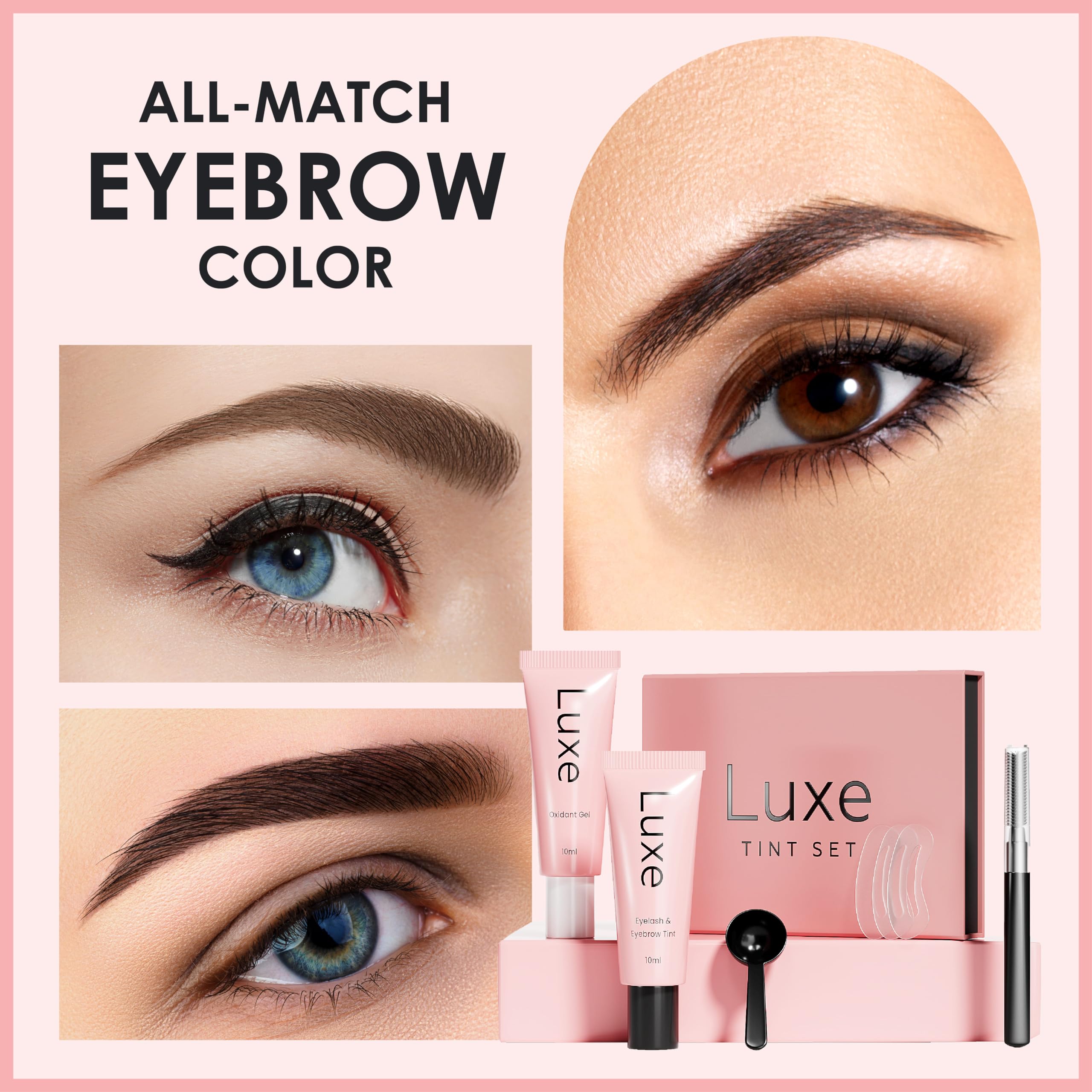 Luxe Cosmetics mezcla de tinte para cejas, proceso simplificado para casa o salón.