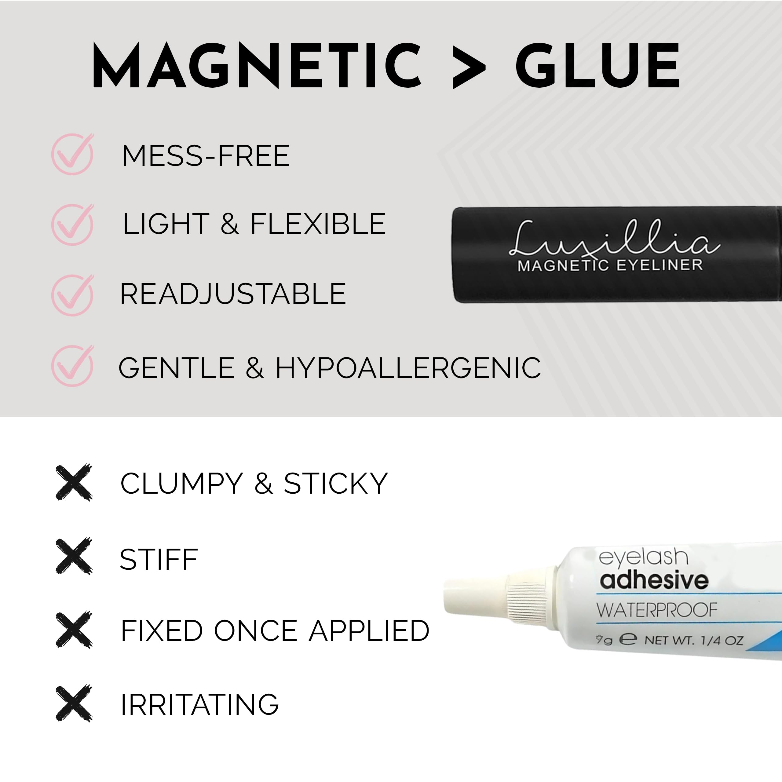 Luxillia delineador magnético, doble envase para uso prolongado.