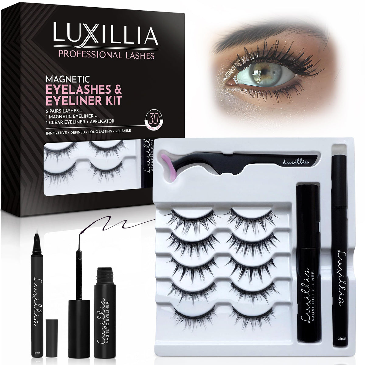 Luxillia kit de pestañas magnéticas, 8 piezas, claras y negras, aspecto natural sin pegamento.
