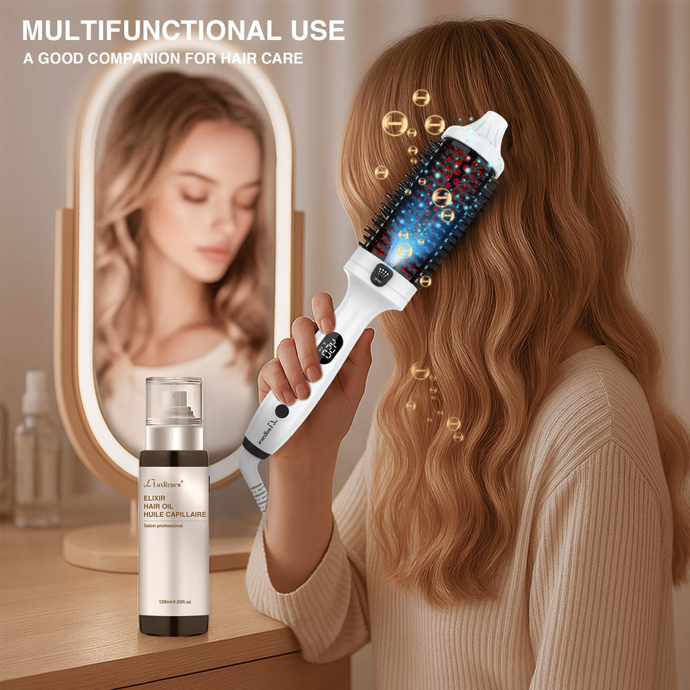 LuxRenew Plus Infrared Bounce Brush recomendado con aceite capilar para brillo.