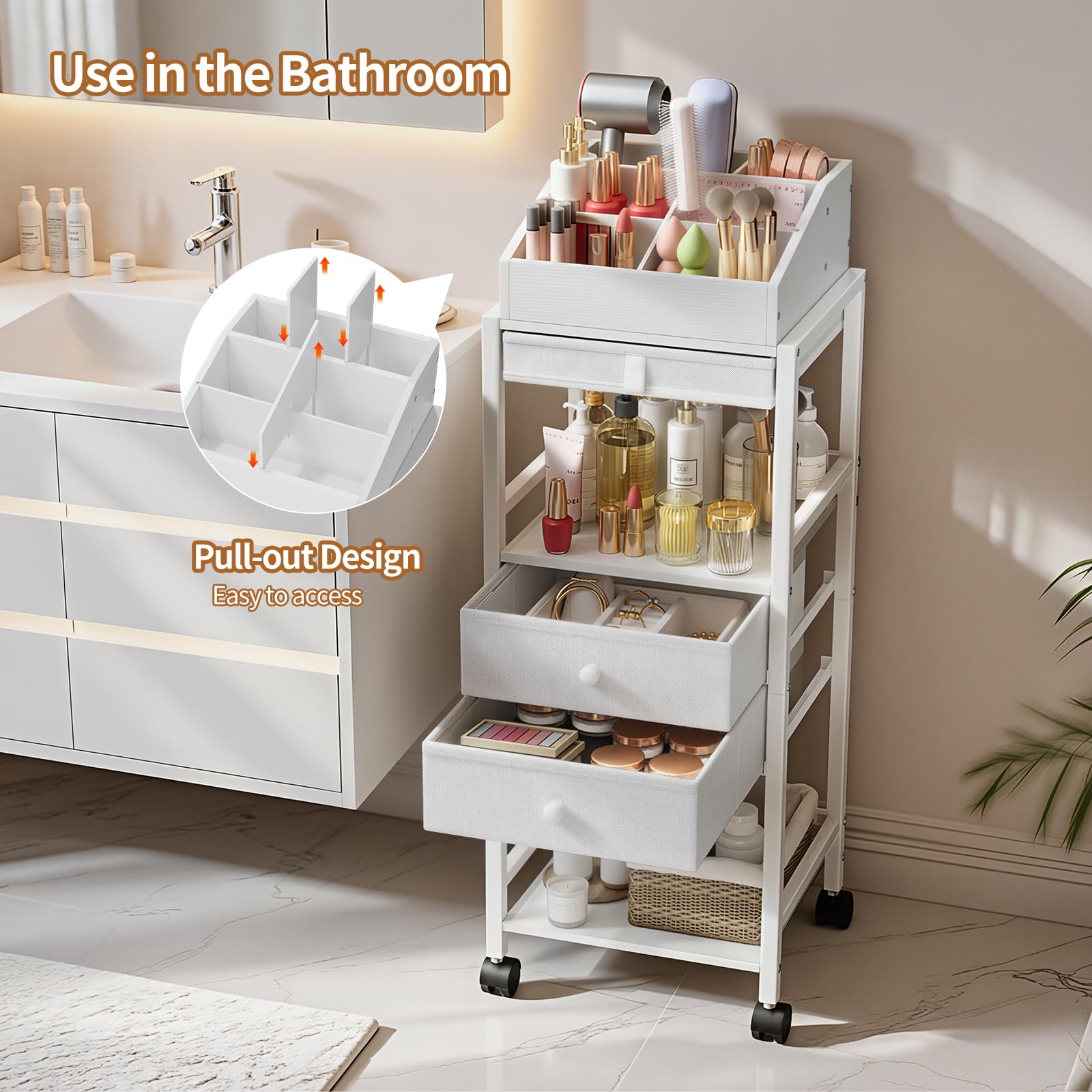 Luxspire diseño de vanidad blanco, estilo moderno para ordenar cosméticos en la mesa del tocador.
