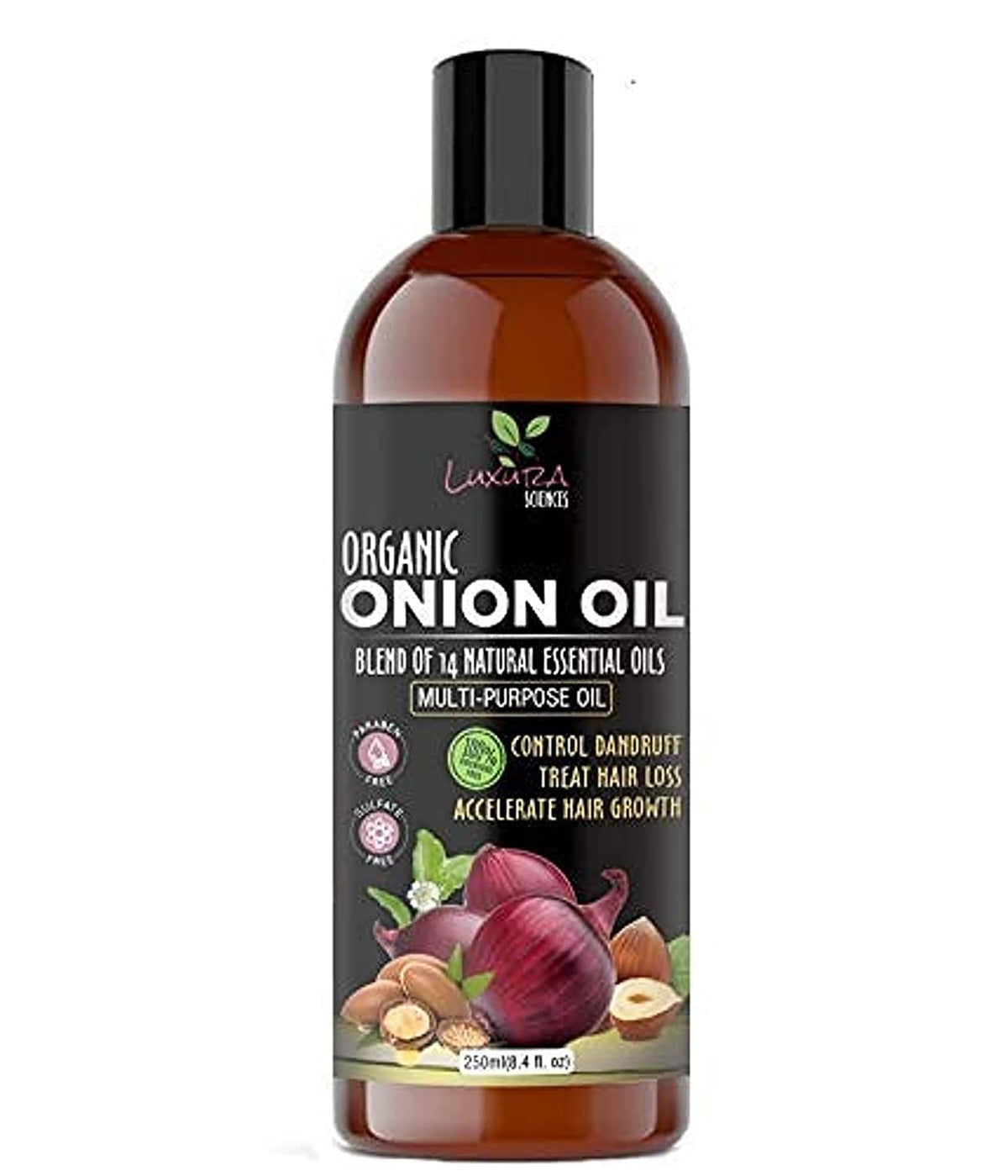 Luxura Sciences Aceite de Cebolla, botella en primer plano, cuidado del cabello y nutrición de raíces.