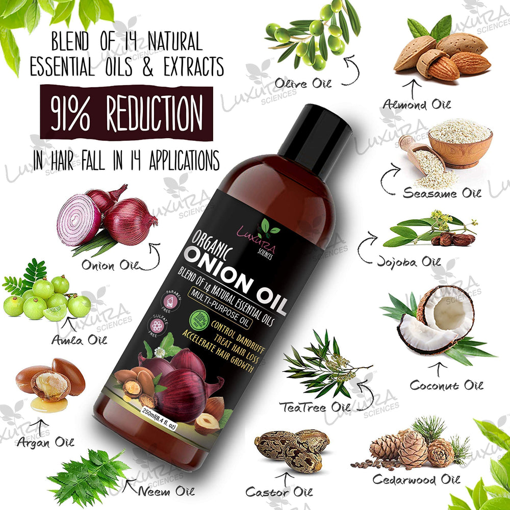 Luxura Sciences Aceite de Cebolla, etiqueta de ingredientes, enfoque en nutrición del cuero cabelludo.