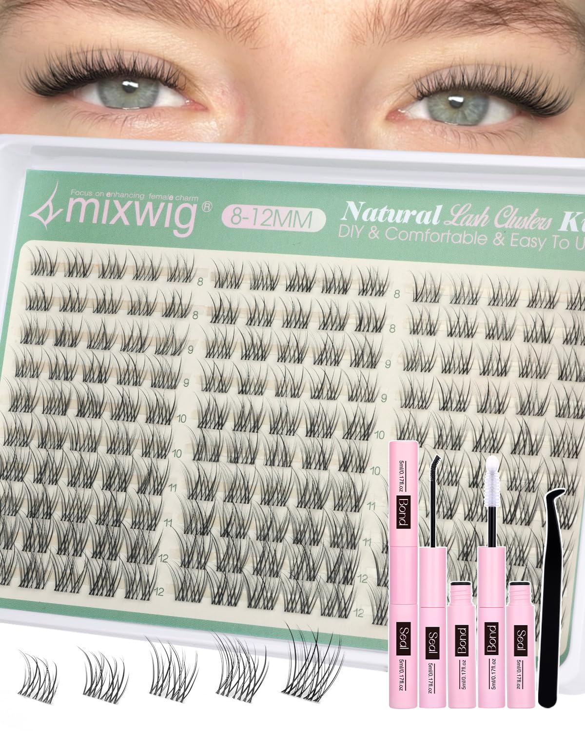 Pestañas Lvmixwig: clusters C-curvo 8-12 mm para look natural y duradero.