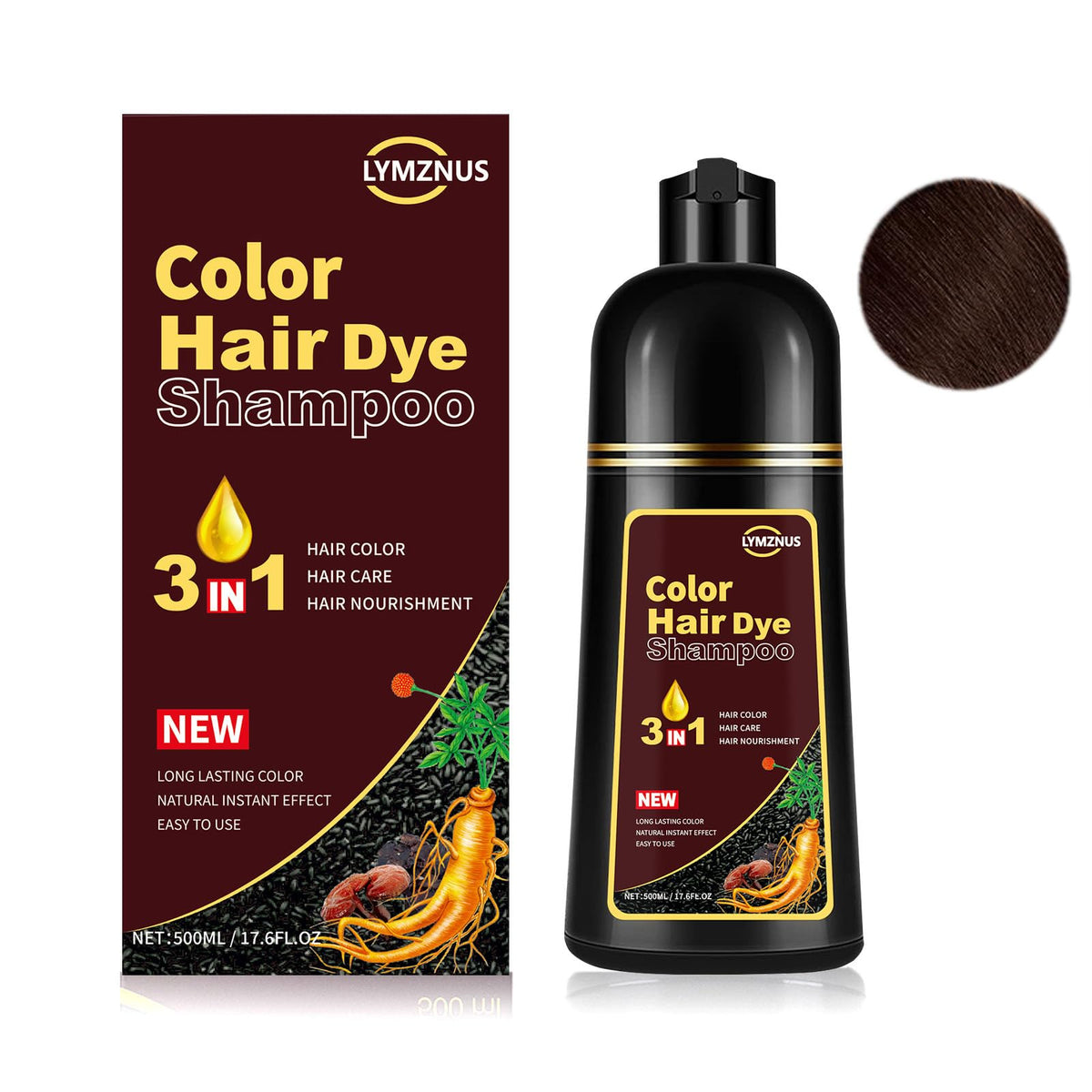 La botella de lymznus chocolate oscuro muestra el tinte de 500 ml para cubrir canas.