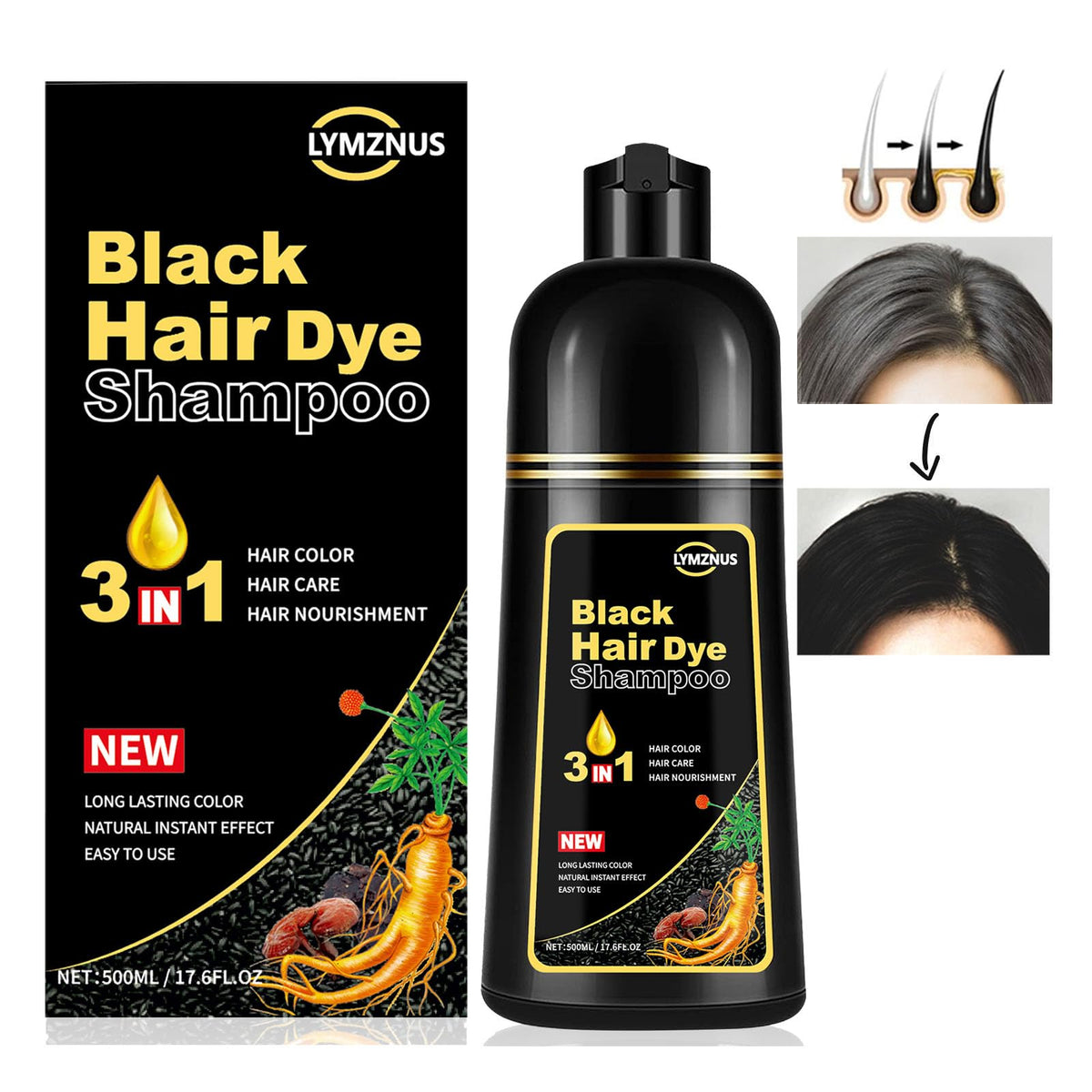 lymznus shampoo color negro canas: botella lista para coloración rápida.