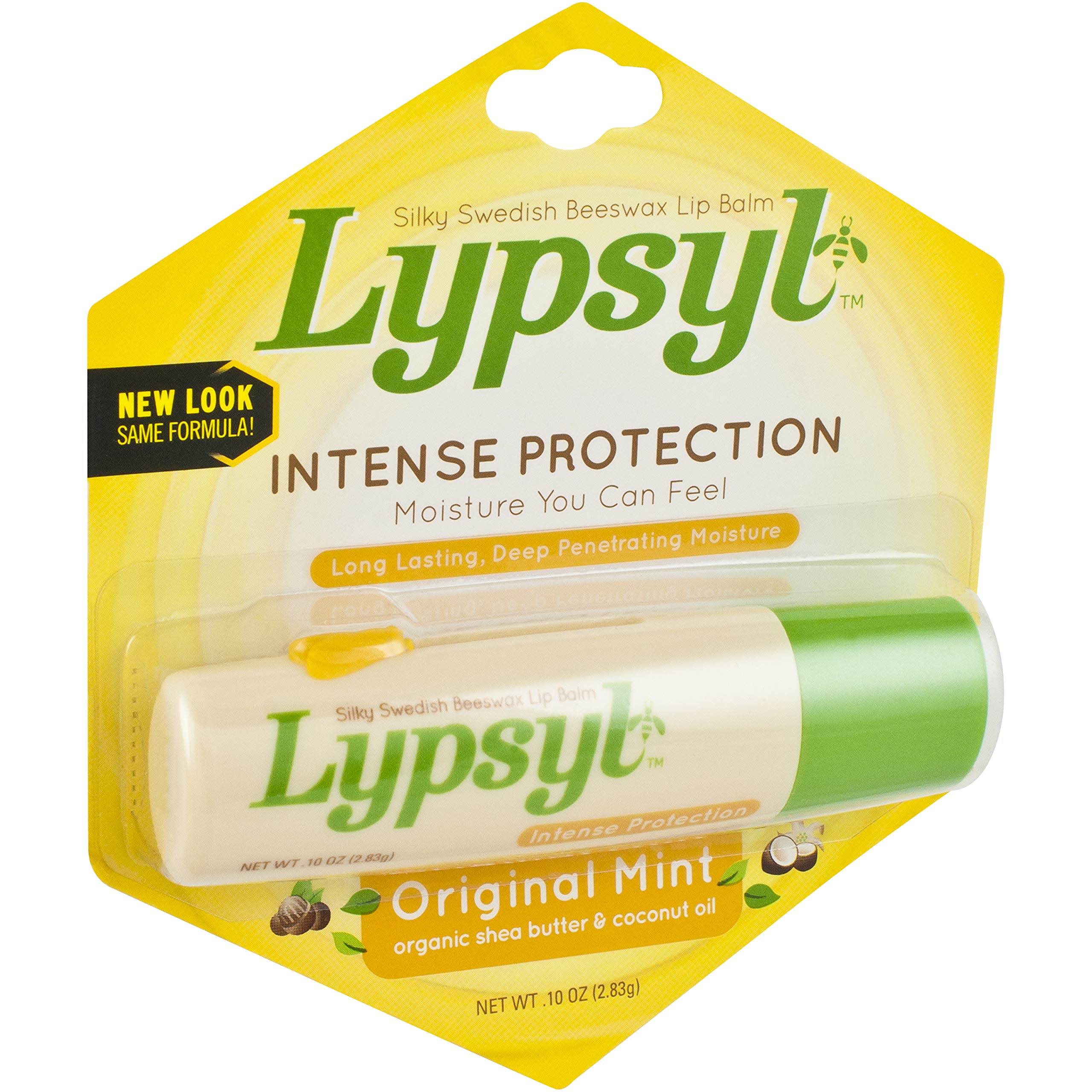 Lypsyl Intense Protection Original Mint lip balm tubes close-up highlighting beeswax and shea butter moisture.