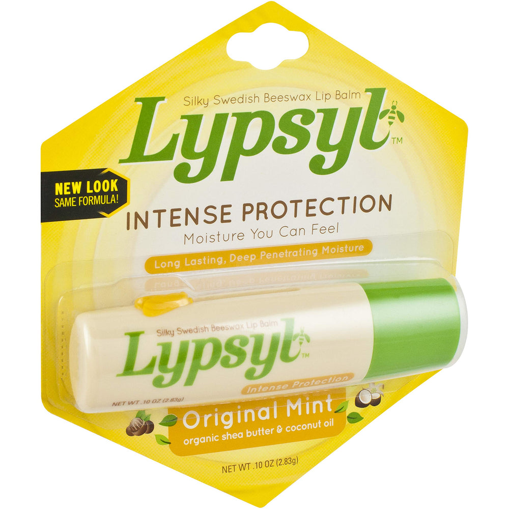 Lypsyl Intense Protection Original Mint lip balm tubes close-up highlighting beeswax and shea butter moisture.