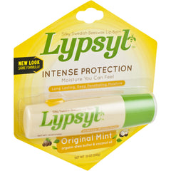 Lypsyl Intense Protection Original Mint lip balm tubes close-up highlighting beeswax and shea butter moisture.
