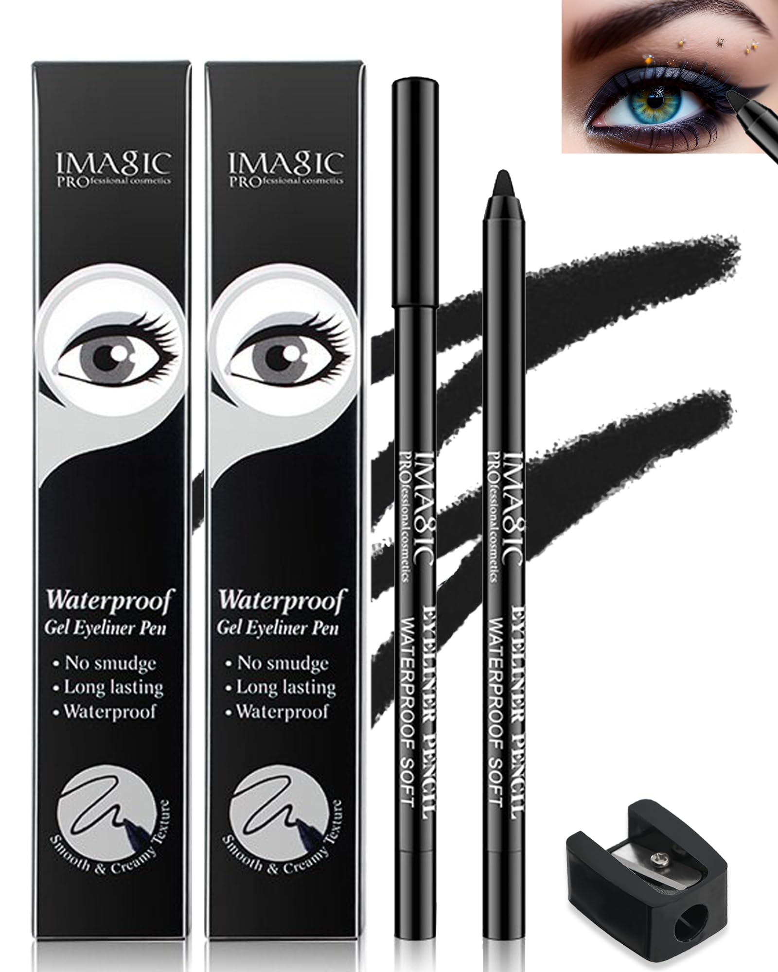 Delineador gel negro LYSdefeu dúo-pack con afilador, cómodo para llevar