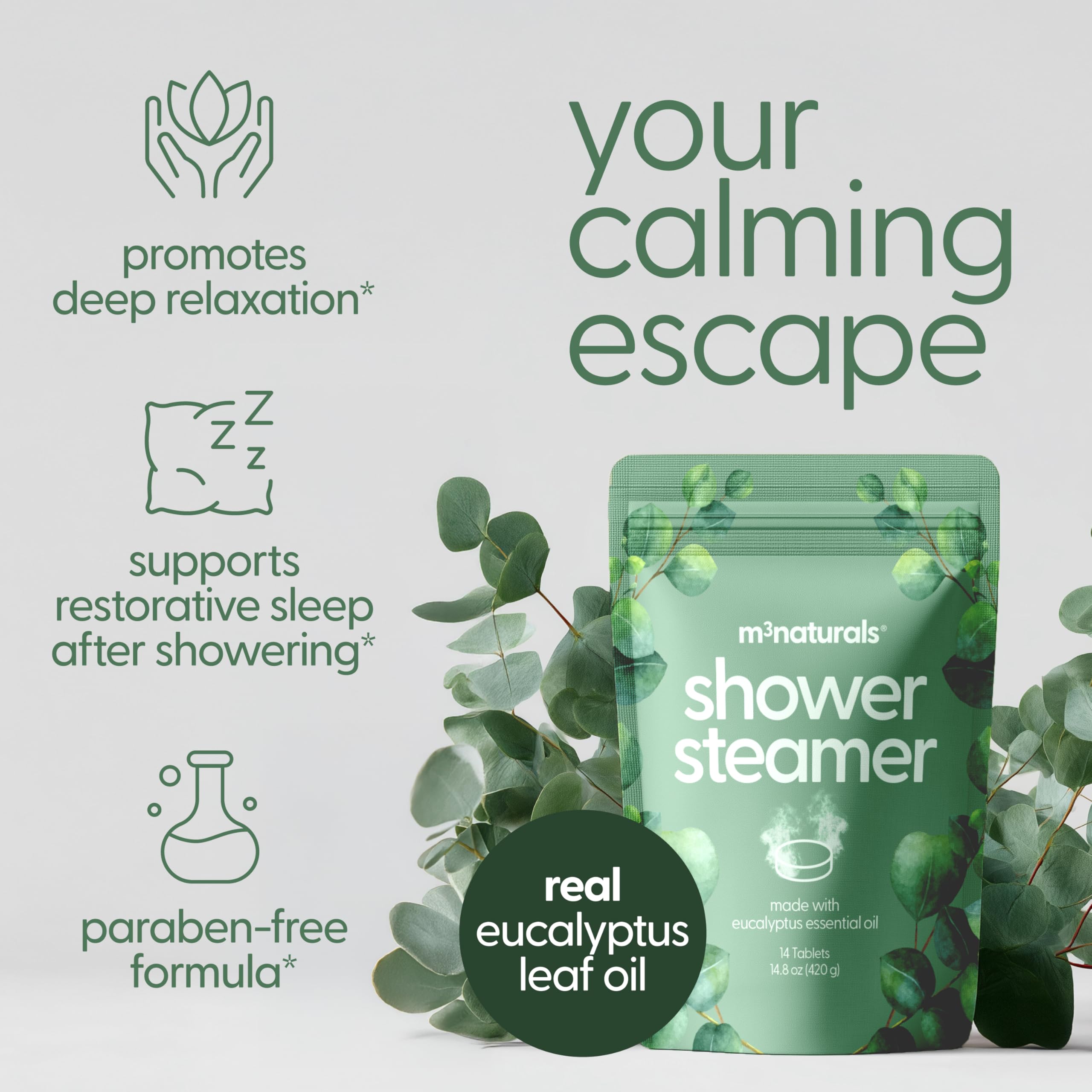 Aromaterapia de eucalipto de M3 Naturals para relajación durante la ducha.
