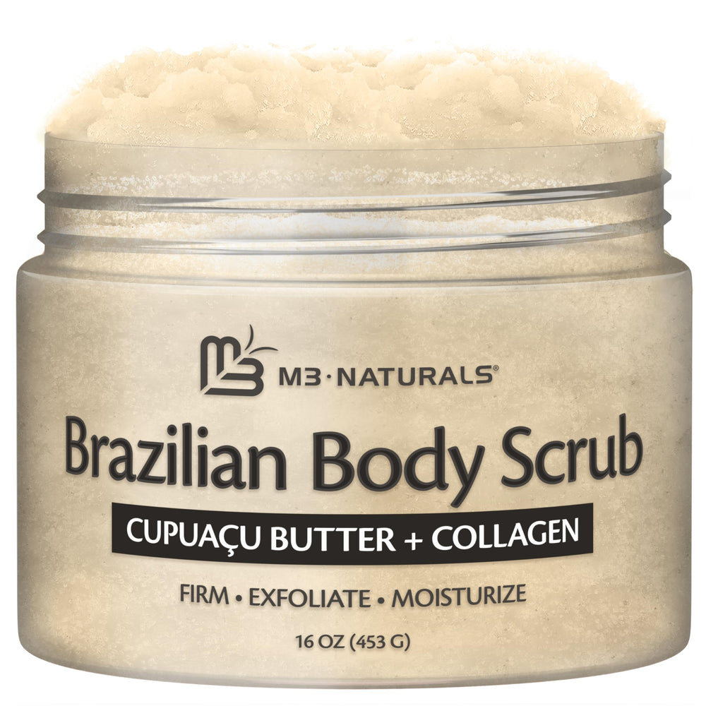M3 Naturals Brazilian body scrub bottle close-up showing a creamy, moisturizing formula.